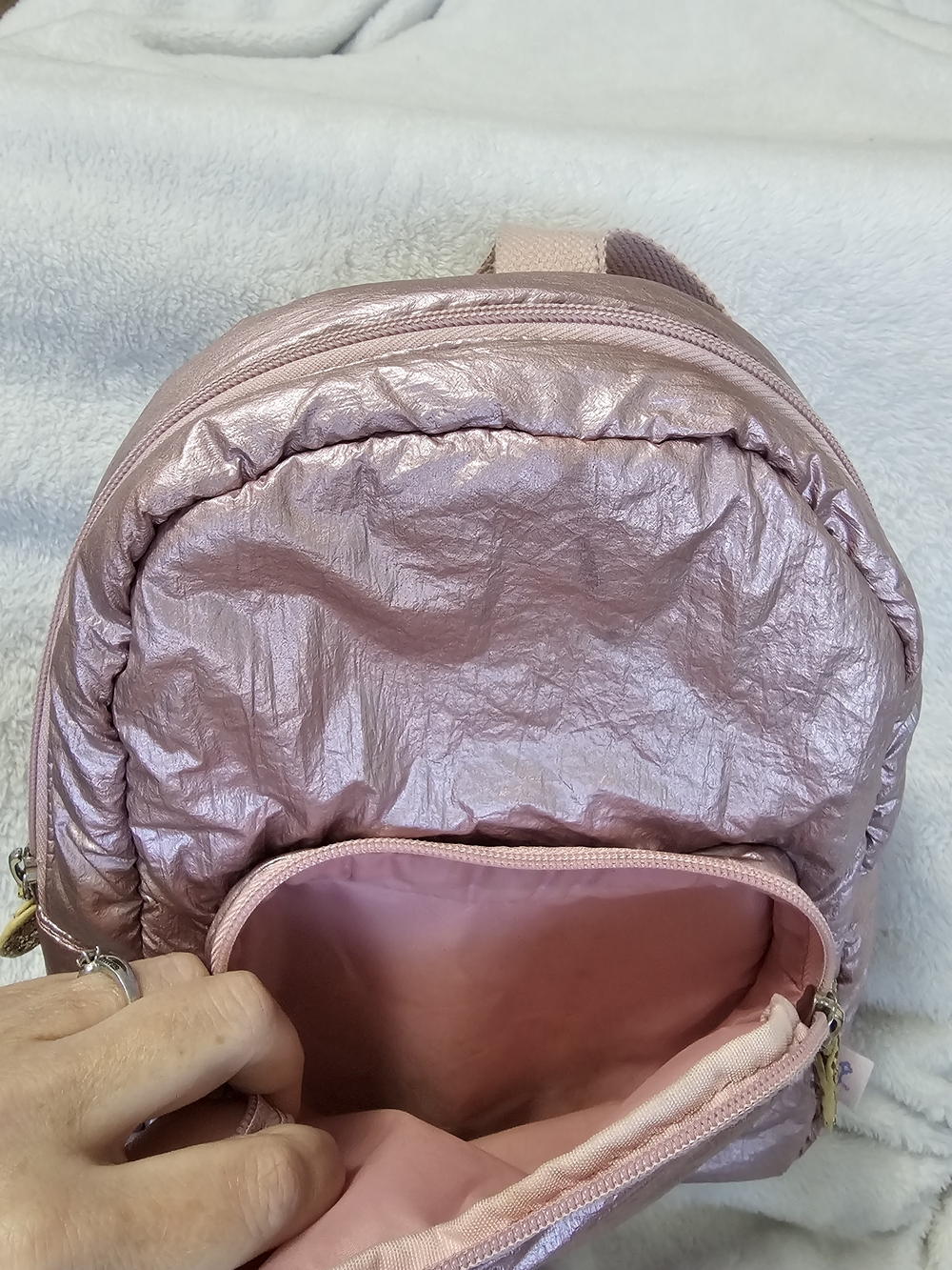 Metallic Blush Pink Heart Pocket Mini Backpack - Picture 5 of 11